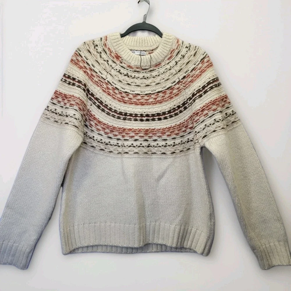 NEW Zara Fair Isle Nordic Knit Wool Blend Crewneck Sweater Pullover Med Unisex